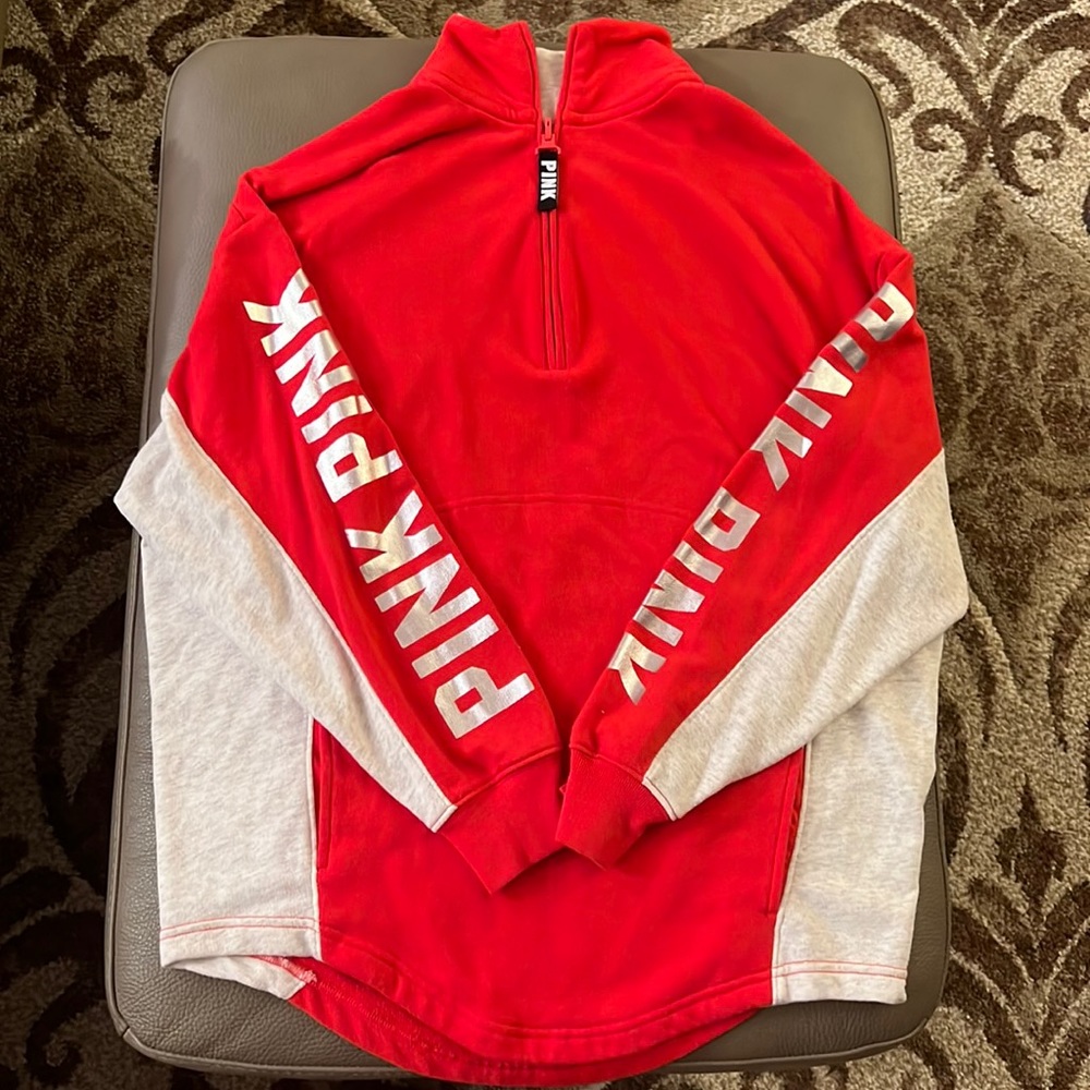 VS PINK oversized bright red quarter zip pullover with pockets!